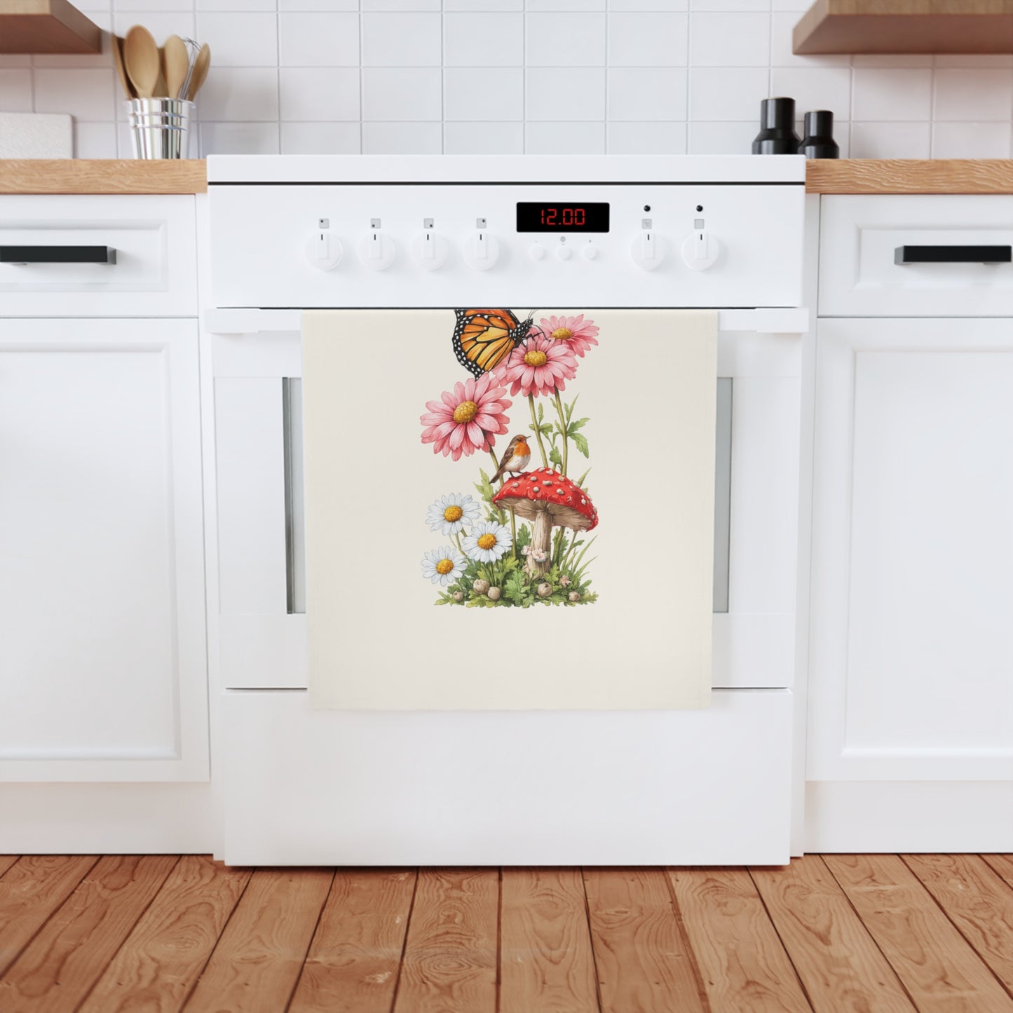 Butterfly & Wildflower Cotton Tea Towel — Monarch, Daisies & Toadstool Kitchen Linen