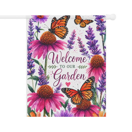 Garden Flag - "Welcome to Our Garden" Butterfly Floral Yard Banner
