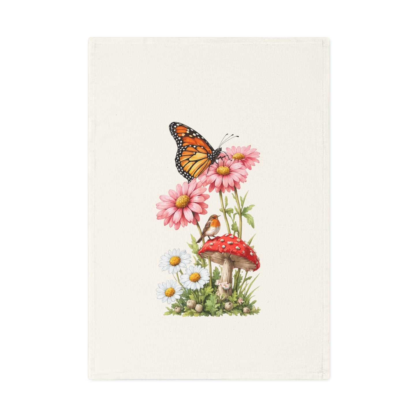 Butterfly & Wildflower Cotton Tea Towel — Monarch, Daisies & Toadstool Kitchen Linen