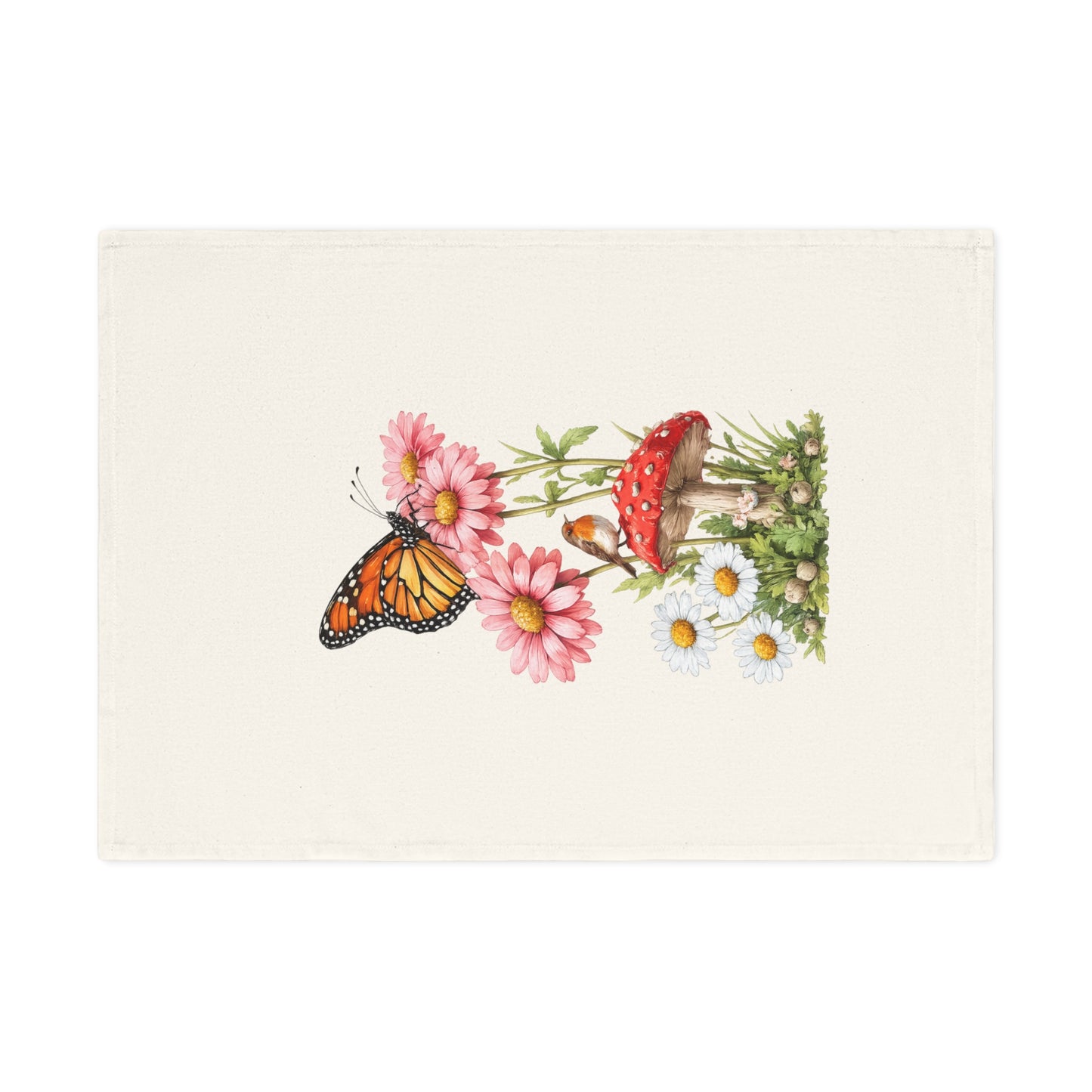 Butterfly & Wildflower Cotton Tea Towel — Monarch, Daisies & Toadstool Kitchen Linen