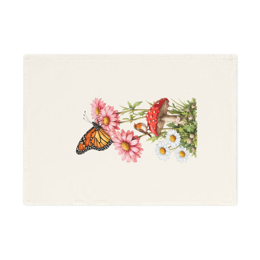 Butterfly & Wildflower Cotton Tea Towel — Monarch, Daisies & Toadstool Kitchen Linen