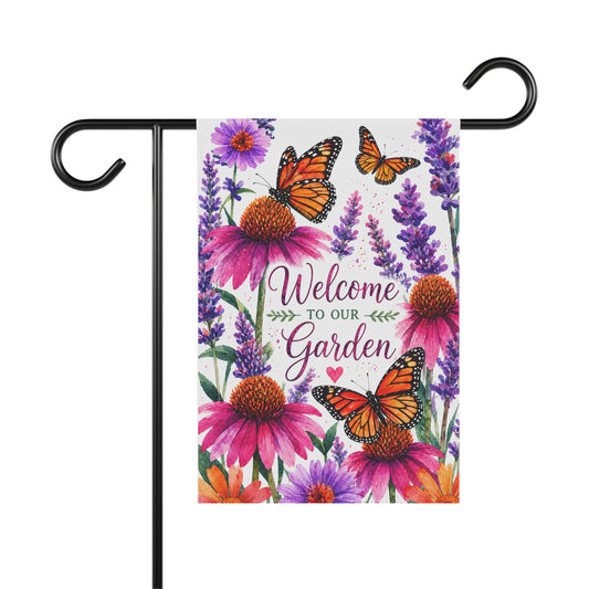Garden Flag - "Welcome to Our Garden" Butterfly Floral Yard Banner