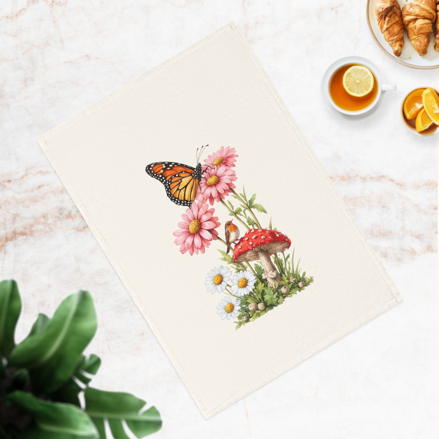 Butterfly & Wildflower Cotton Tea Towel — Monarch, Daisies & Toadstool Kitchen Linen