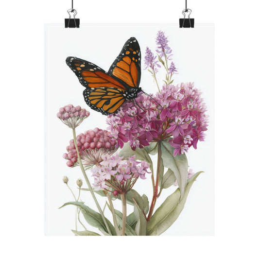 Butterfly & Wildflower Matte Poster — Monarch on Pink Blooms, Botanical Wall Art